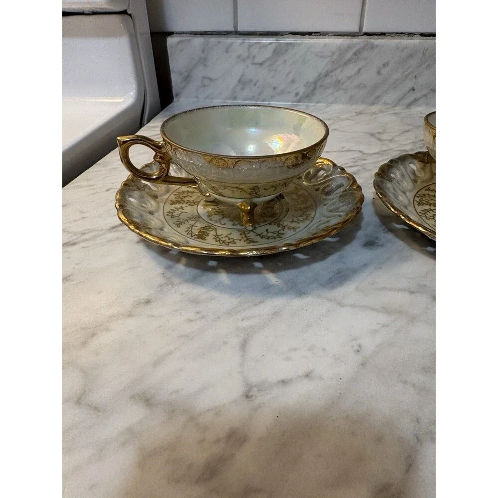 Set of 2 Vintage Yamato Lusterware Tea Cups & Pierced Saucers